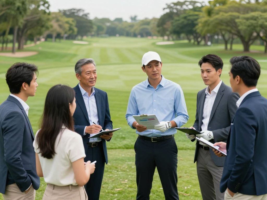 Business meeting on a golf course discussing loans.