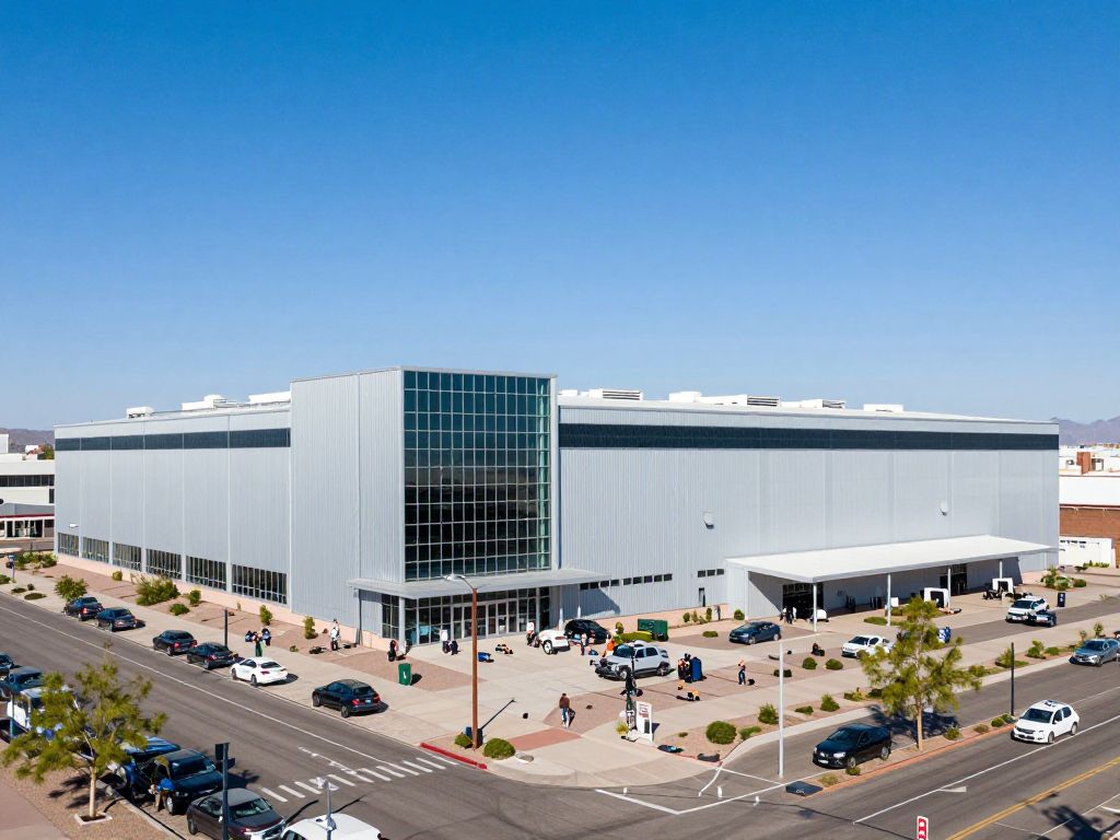 Aerial view of the Source Business Center showcasing its modern architecture and surrounding area in Phoenix.