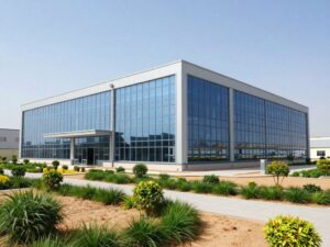 Exterior view of the Source Business Center showcasing contemporary architecture and landscaping.
