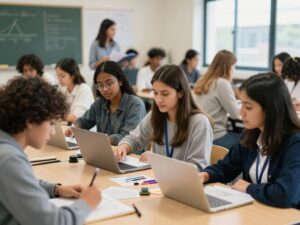 Diverse female students collaborating in a STEM workshop