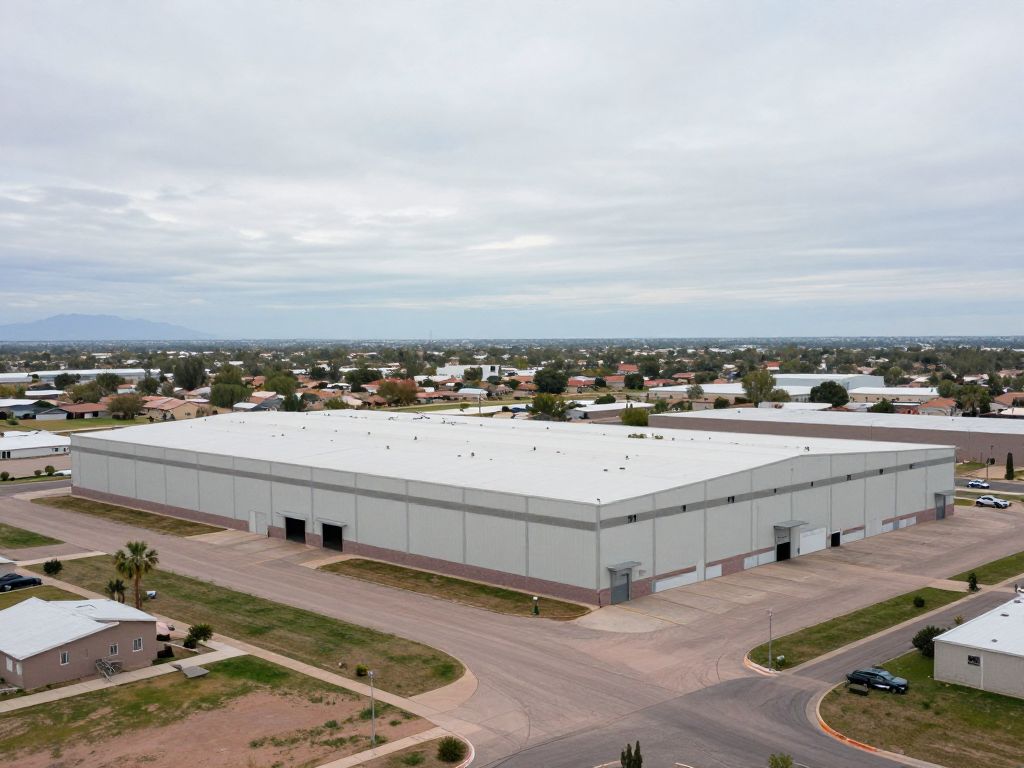 Exterior view of a large industrial warehouse building in Surprise, Arizona, a Phoenix suburb, adjacent to residential areas.