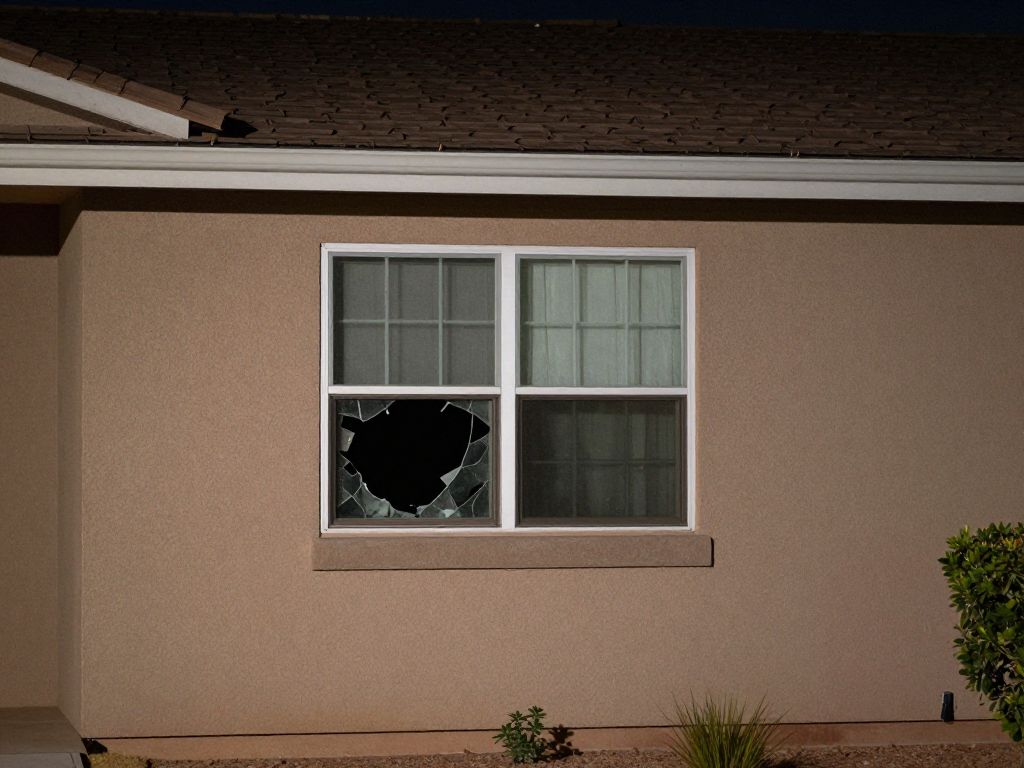 Exterior of a Tempe, Arizona apartment building with a broken window, indicative of a break-in.