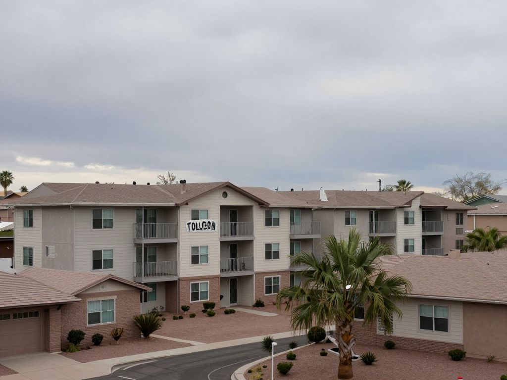Exterior view of a typical apartment building in Tolleson, Arizona, in a news photography style.