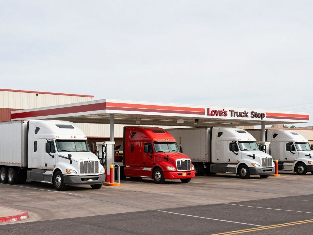 Exterior view of a Love's Truck Stop in Tolleson, Arizona, showing parked semi-trucks and the building.
