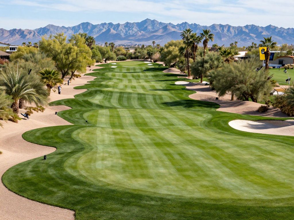 Aerial view of TPC Scottsdale golf course with the iconic 16th hole.