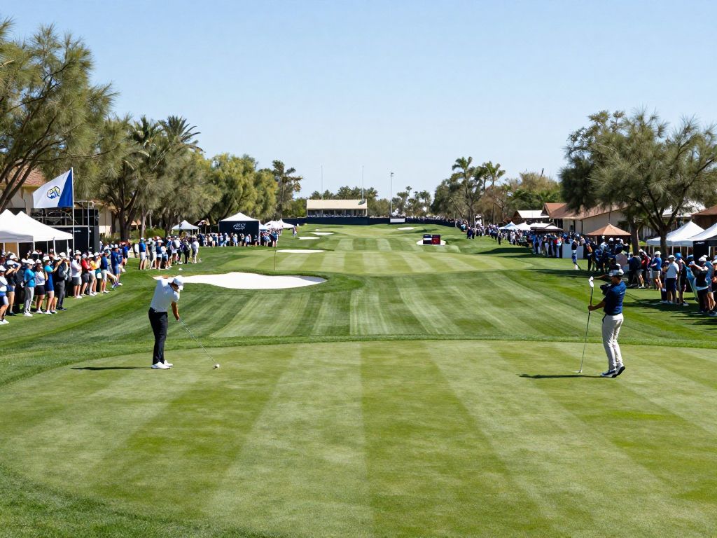 View of TPC Scottsdale during the WM Phoenix Open showing lively spectators and golf course.