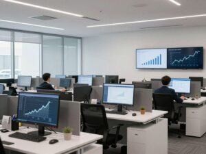 Modern office interior of Trinity Capital Inc. in Phoenix, Arizona, featuring financial technology elements.