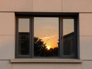 Cracked window at the University of Arizona Hillel building