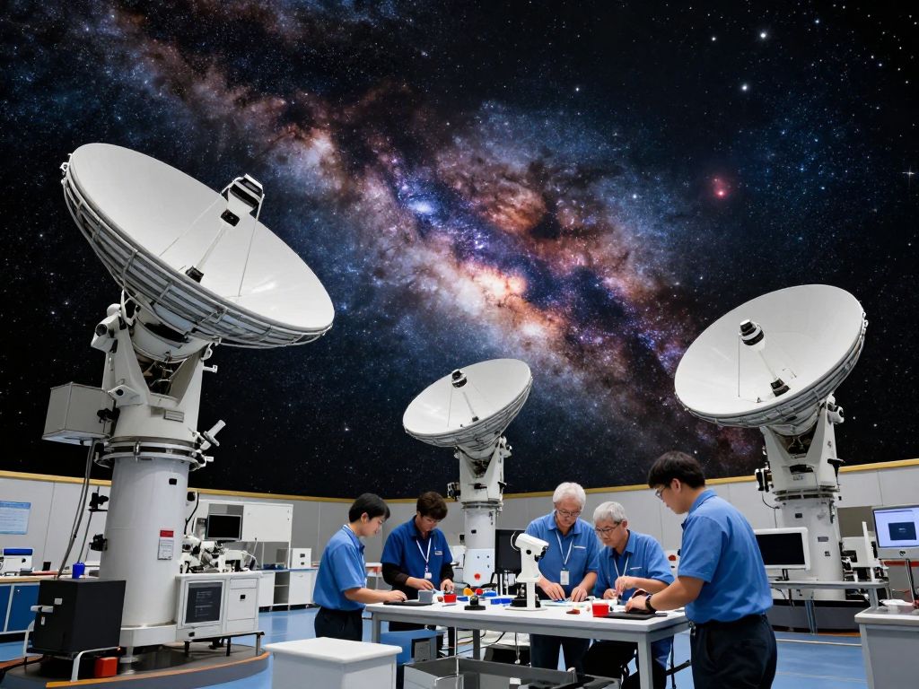 An illustration of space telescopes observing the cosmos, representing innovation and teamwork in astronomy.