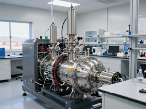 Close-up of an advanced prototype natural gas generator with complex wiring in a clean, modern engineering lab in Phoenix, Arizona.