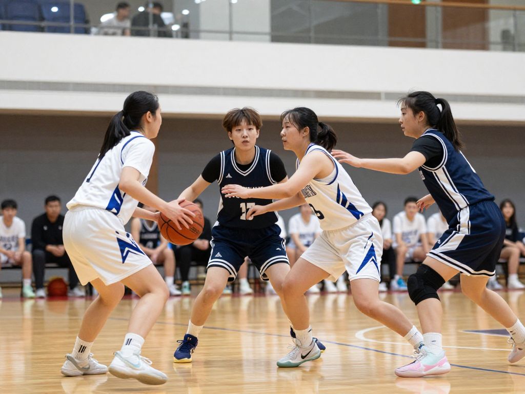 Women athletes participating in a collegiate basketball game