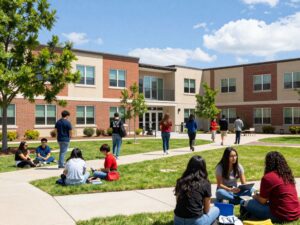 A depiction of the new residence hall at the University of Arizona with students engaging in campus activities.