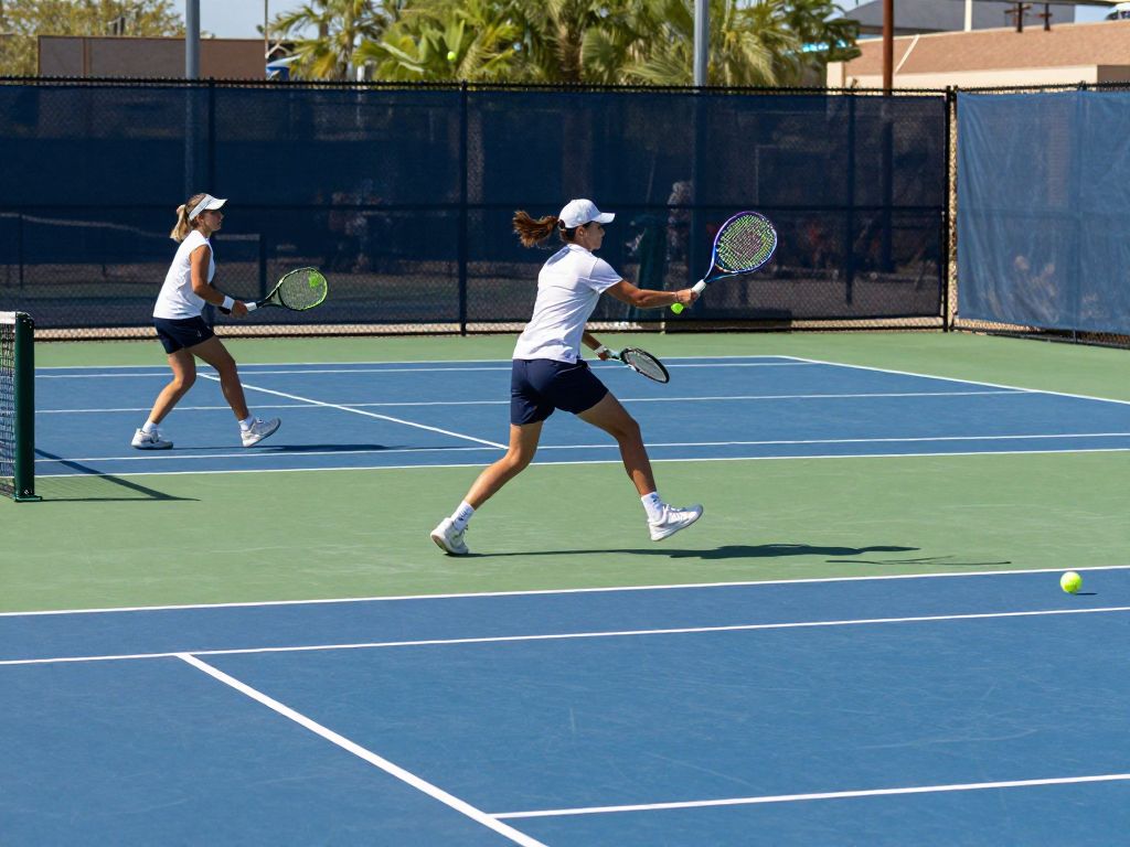 Players from the University of Hawai'i competing in a tennis match at GCU Tennis Facility in Phoenix.
