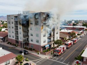 Apartment building fire in West Phoenix, Arizona, with smoke coming from the third floor and firefighters working to control the blaze.