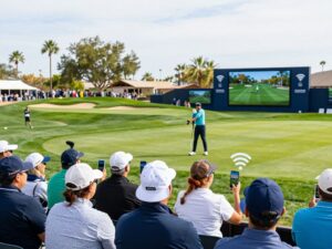 Fans enjoying the WM Phoenix Open with visible connectivity features like screens and Wi-Fi.