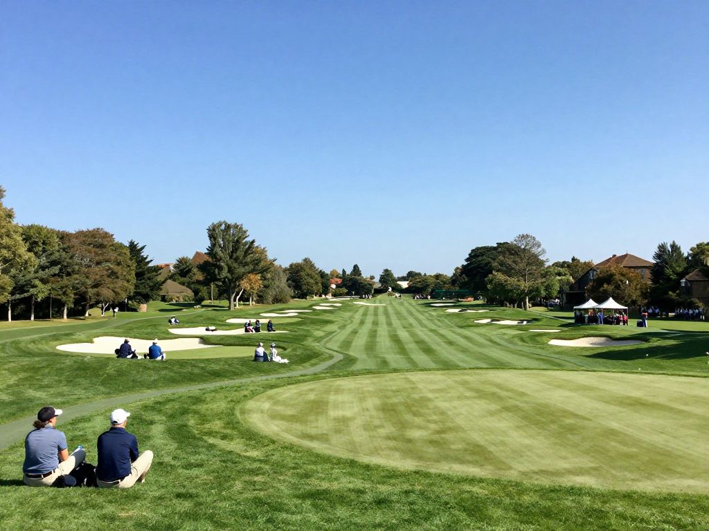 View of a golf tournament with players and spectators
