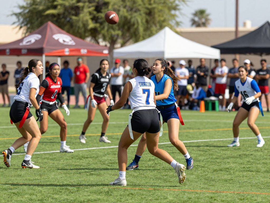 Women participating in a flag football tournament on a sunny day.