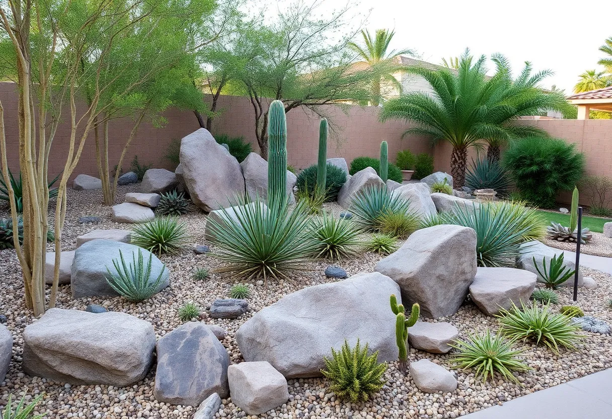 A stunning xeriscape garden in Phoenix with native plants and rocks.