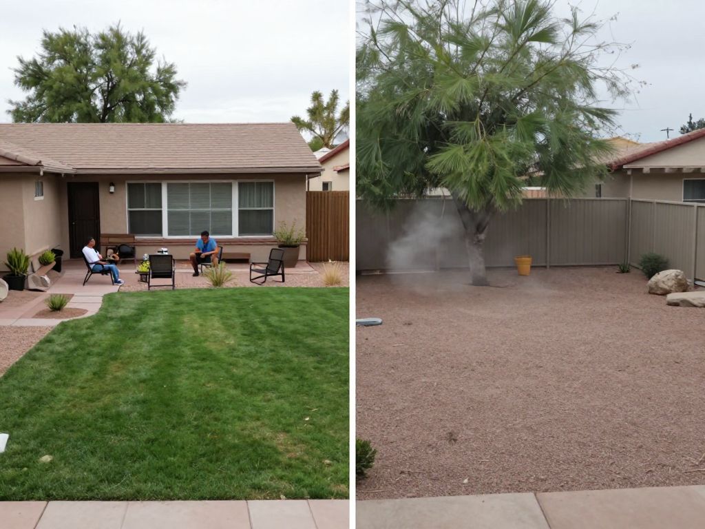 Split image illustrating contrast between enjoyable and affected residential backyards in Arizona, representing the debate over marijuana odor regulations.