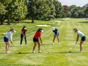 Diverse international team of female golfers on a golf course