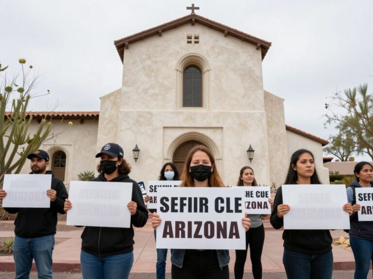 Protesters demonstrating outside Christ's Church of the Valley in Phoenix, Arizona, with blurred signs.