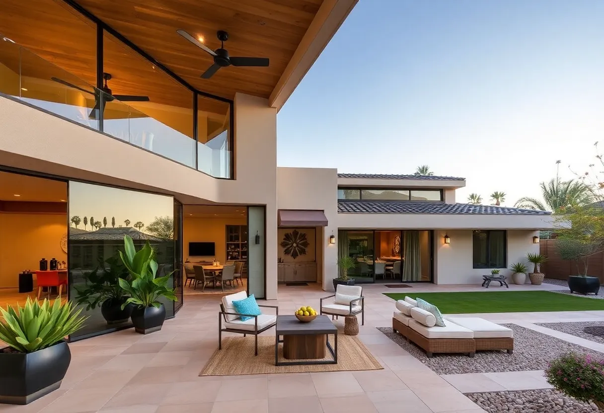 A beautiful custom home featuring energy-efficient designs and an outdoor living area in Phoenix.
