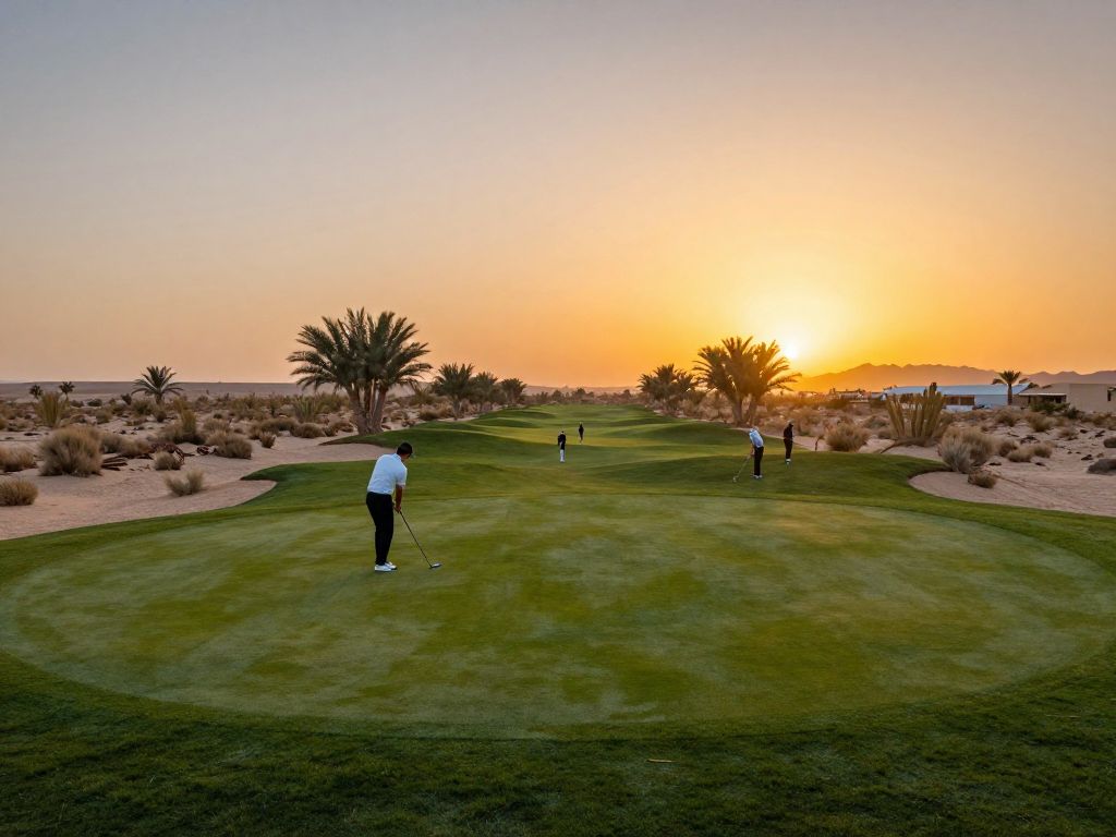 A golf course with sunset in the desert during a championship event.