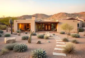 A modern eco-friendly home situated in the desert with solar panels and drought-resistant plants.