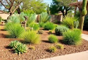 A sustainable desert landscape in Phoenix featuring native plants and efficient irrigation systems.