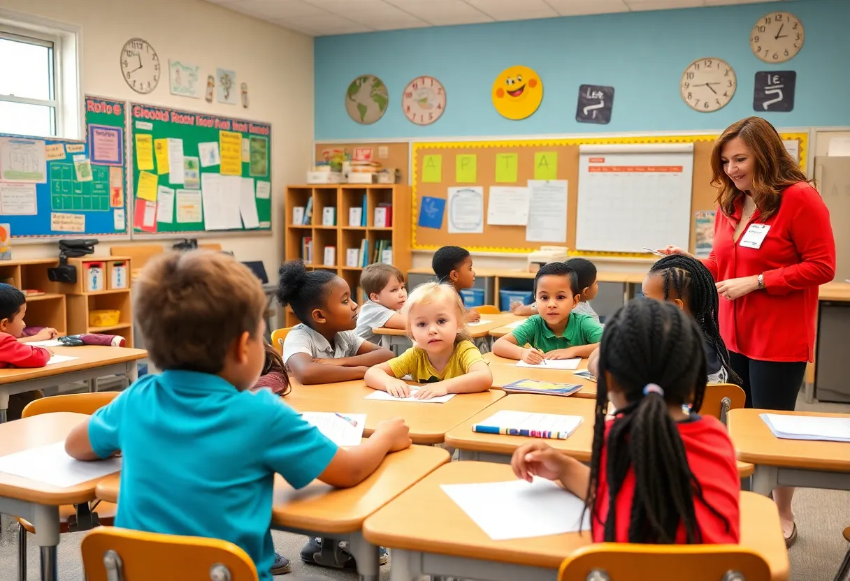 Students learning in a colorful classroom at an elementary school in Phoenix.