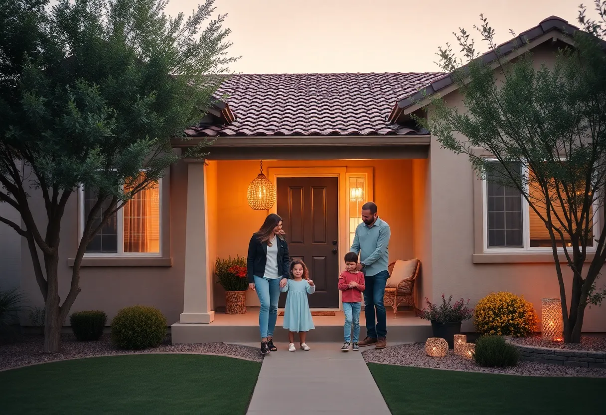 A happy family standing in front of their new home in Phoenix, AZ, celebrating their successful purchase.