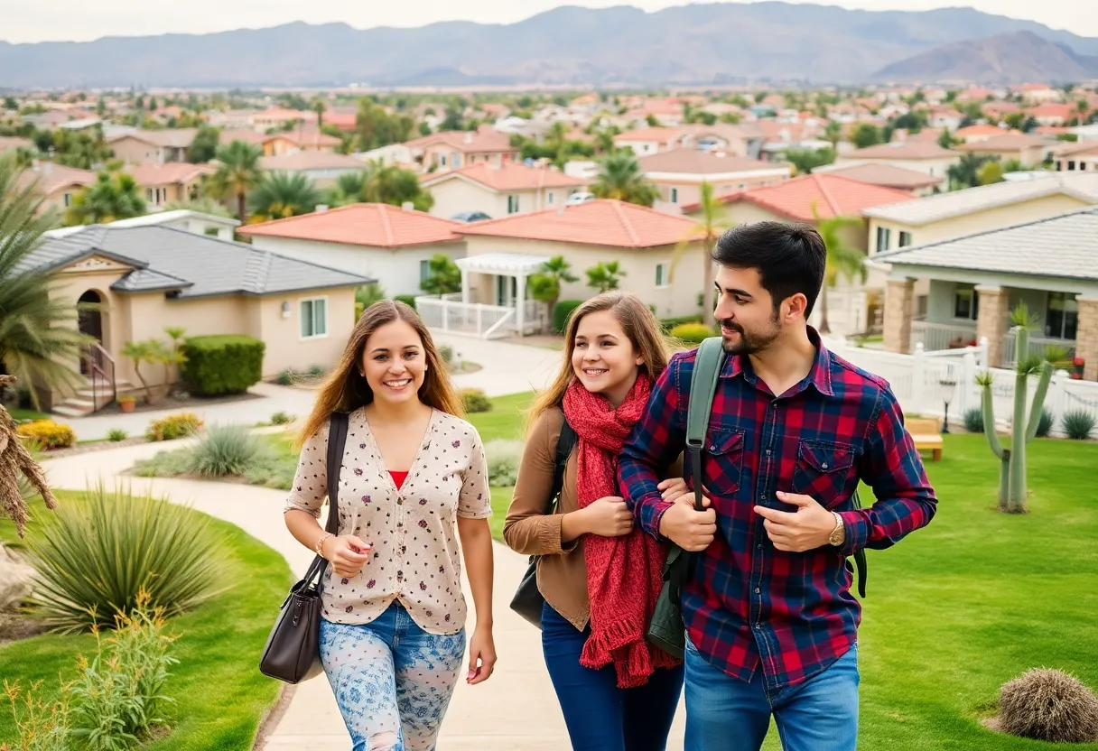 Family walking through a neighborhood in Phoenix, AZ, showcasing different homes and parks.