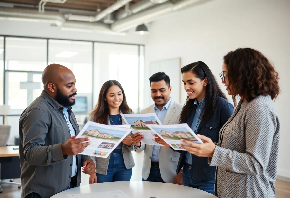 A group of first-time home buyers discussing property listings in a modern office in Phoenix, AZ.