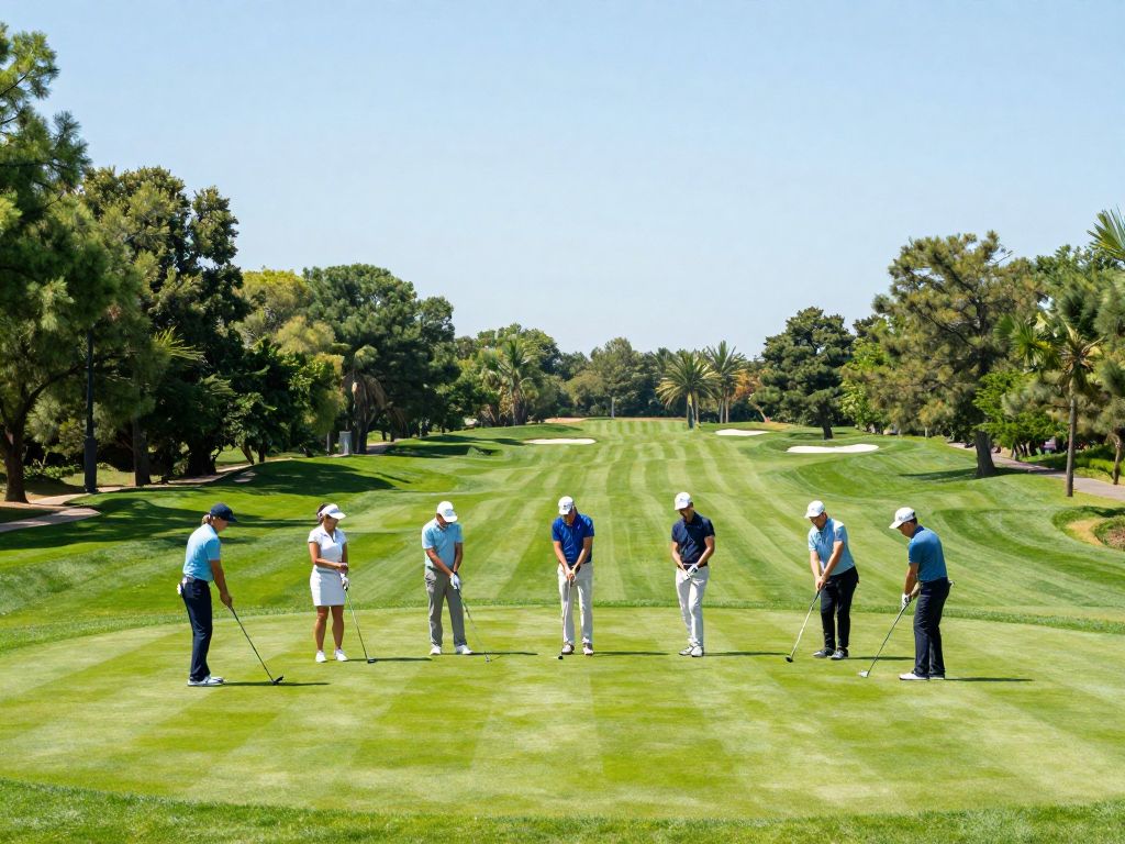 A scenic view of a golf course with golfers collaborating and enjoying their time.