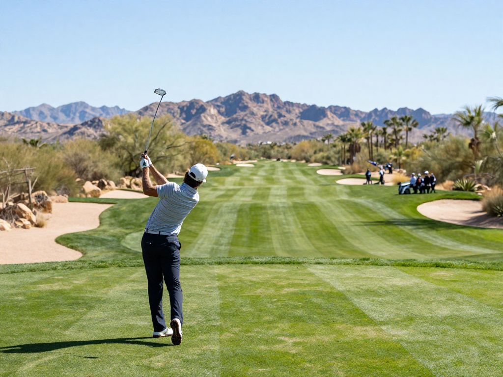 A golfer swinging at a lush golf course in Chandler, Arizona.