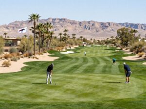 Golfers participating in a tournament in a scenic outdoor golf course