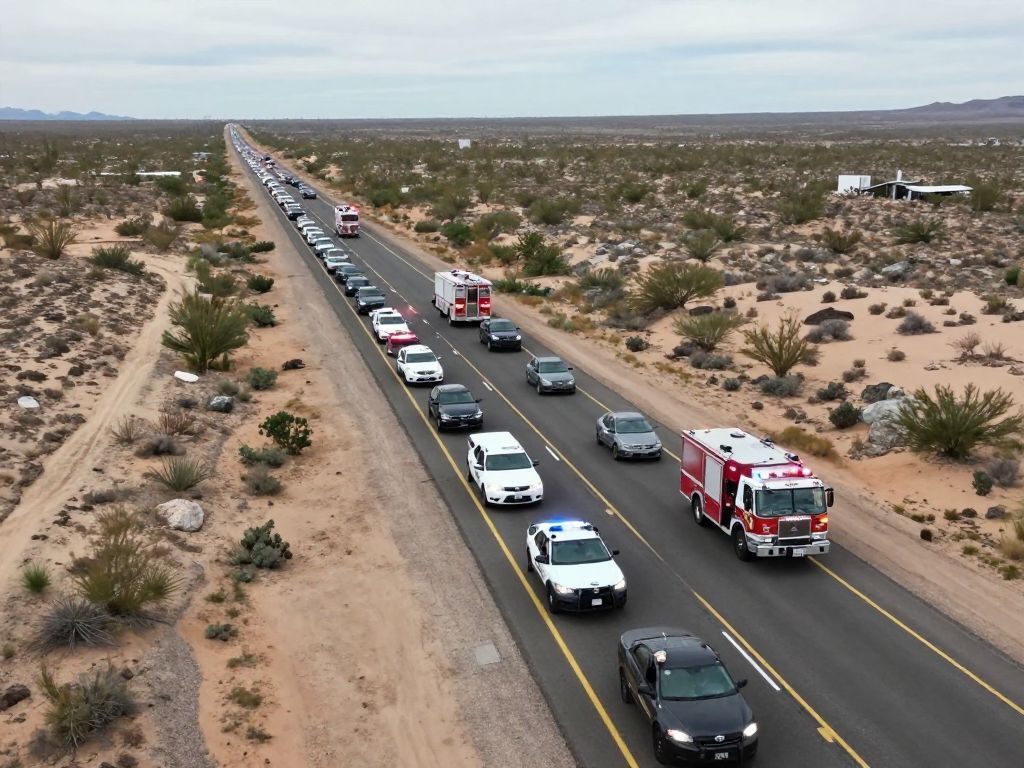 Aerial view of a traffic crash causing the closure of eastbound Interstate 10 near Sacaton, Arizona. Emergency vehicles are on scene and traffic is backed up.