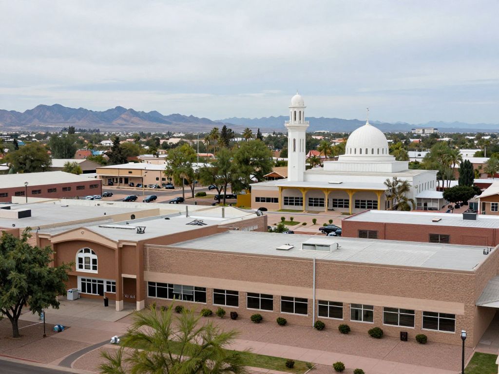 Exterior view of Dobson High School and a mosque in Mesa, Arizona, representing the locations targeted by alleged threats.