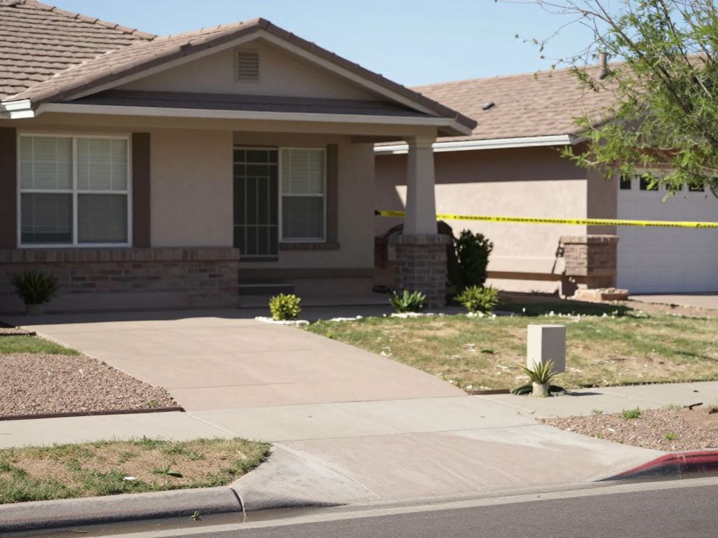 Suburban porch in Mesa, Arizona, with subtle police tape in the background, representing the scene of a fatal shooting investigation.