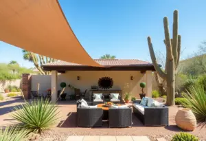 Outdoor living space in Phoenix with shade structures and native plants