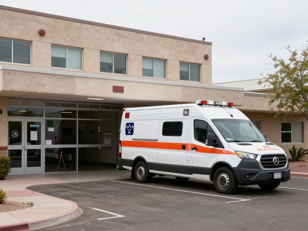 Exterior view of a Phoenix, Arizona hospital ambulance bay, symbolizing emergency medical services.