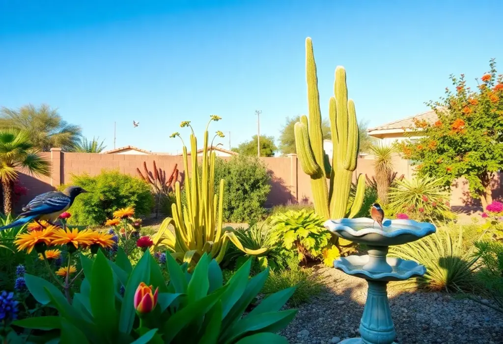 A beautiful wildlife habitat in a Phoenix backyard garden with native plants and water features.