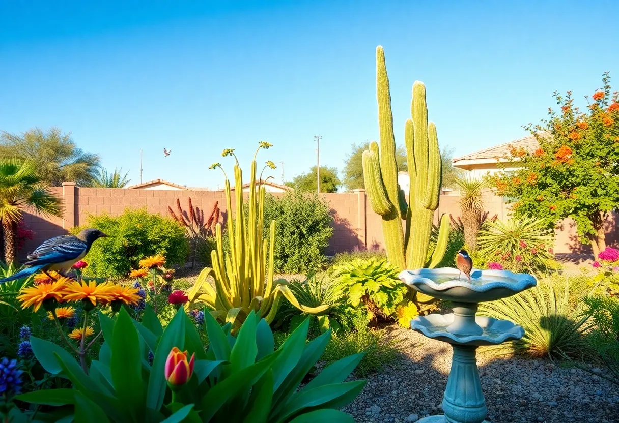 A beautiful wildlife habitat in a Phoenix backyard garden with native plants and water features.