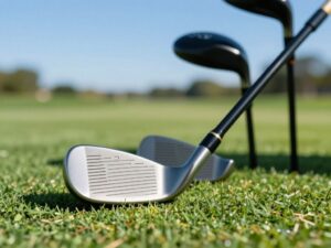 Close-up of new PING golf clubs on green grass
