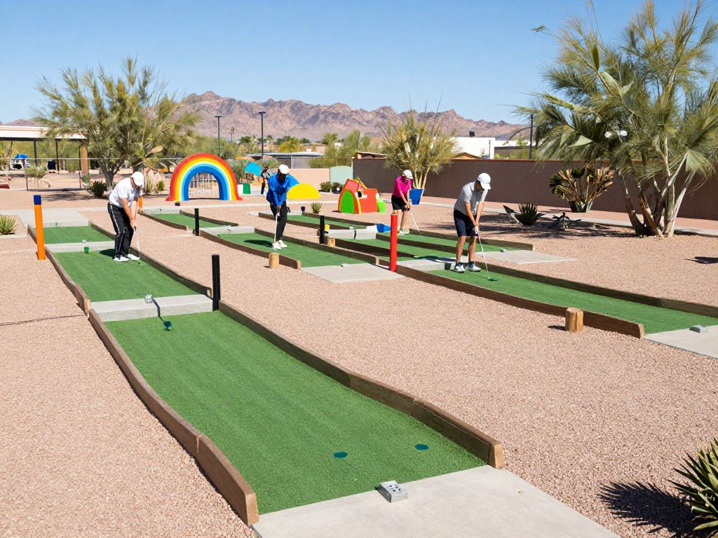 Outdoor miniature golf course with players at PopStroke in Gilbert, Arizona.