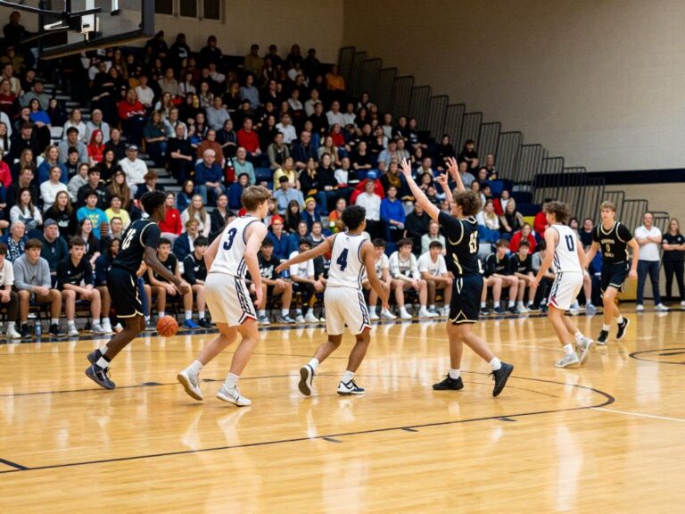 A high school basketball game in progress, showing players on the court during the AIA Boys Basketball Open State Championship in Phoenix, AZ.