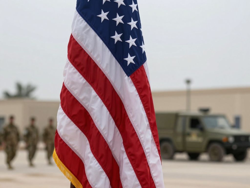 U.S. military flag at half-mast, symbolizing mourning for fallen service members.