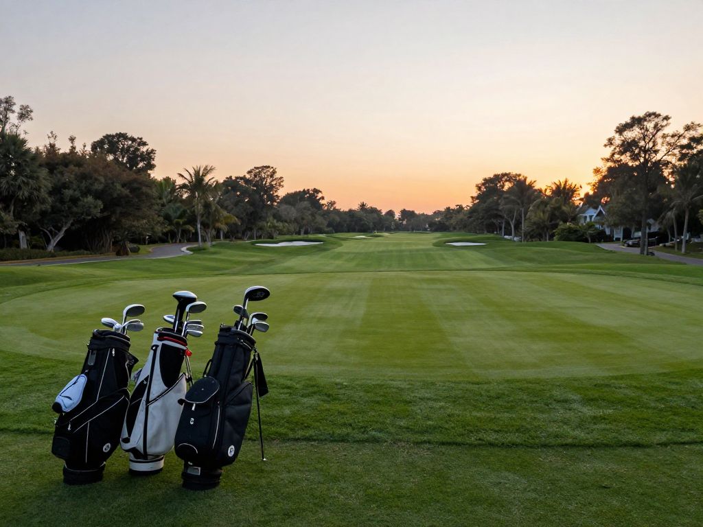 Golf course during sunset with equipment displayed