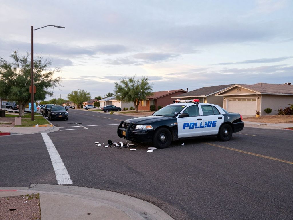 Damaged Maricopa County Sheriff's Office patrol vehicle at an intersection in Youngtown, Arizona, following a collision with a stolen ATV.