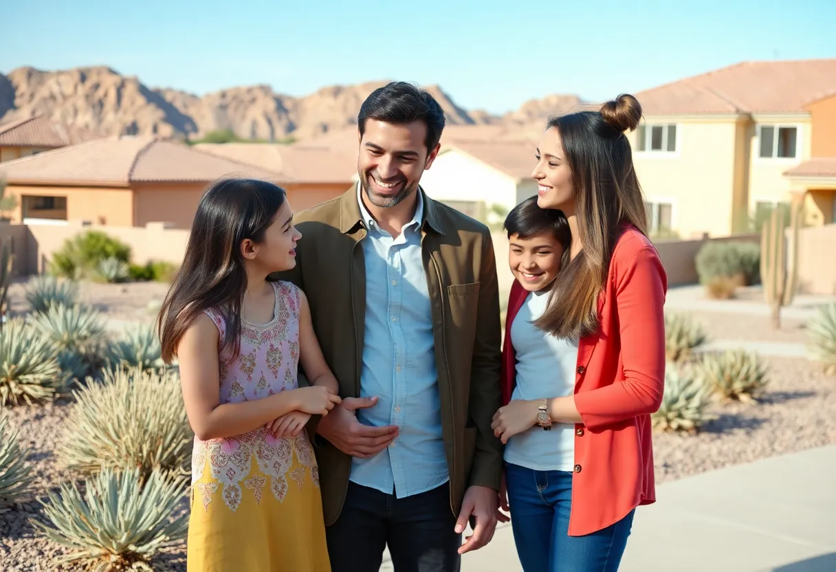 Real estate agent assisting a family in front of a house in Phoenix, AZ